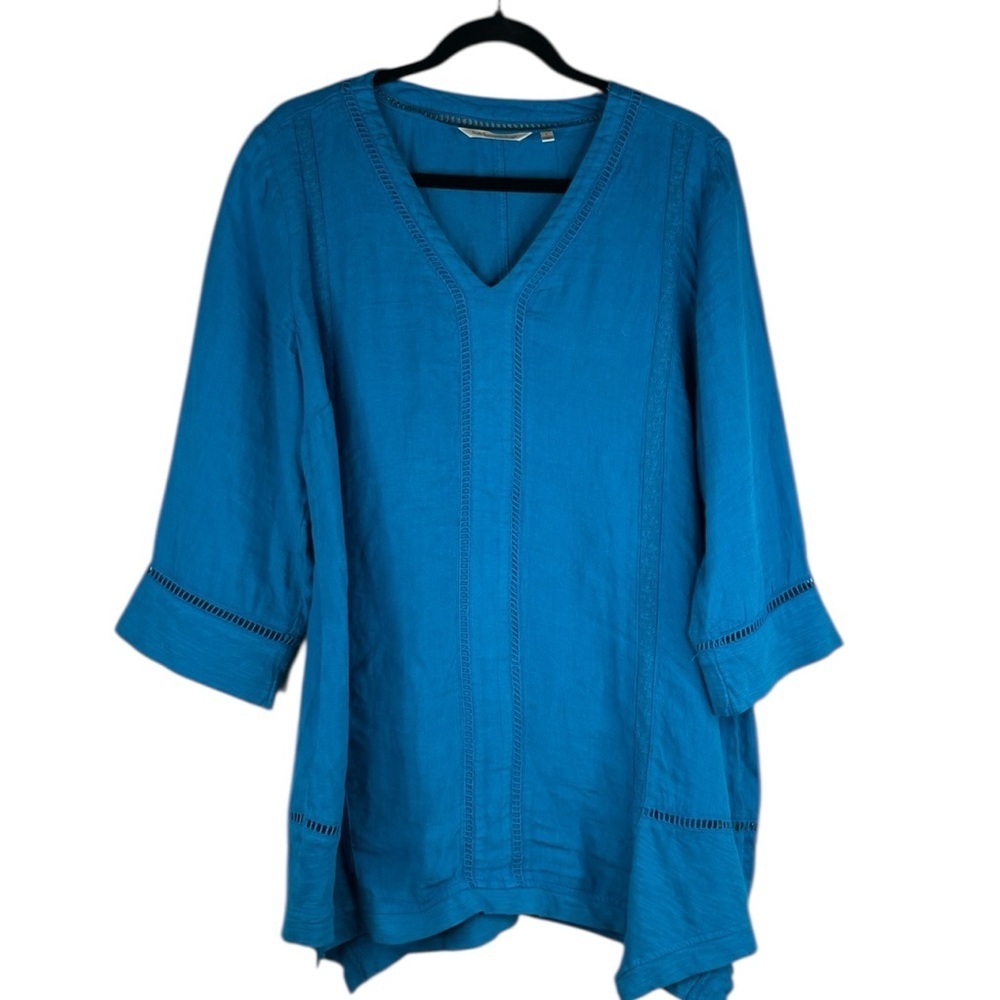 Soft Surroundings 100% Linen Turquoise Flowy Boho Travel 3/4 Sleeve Top Size L